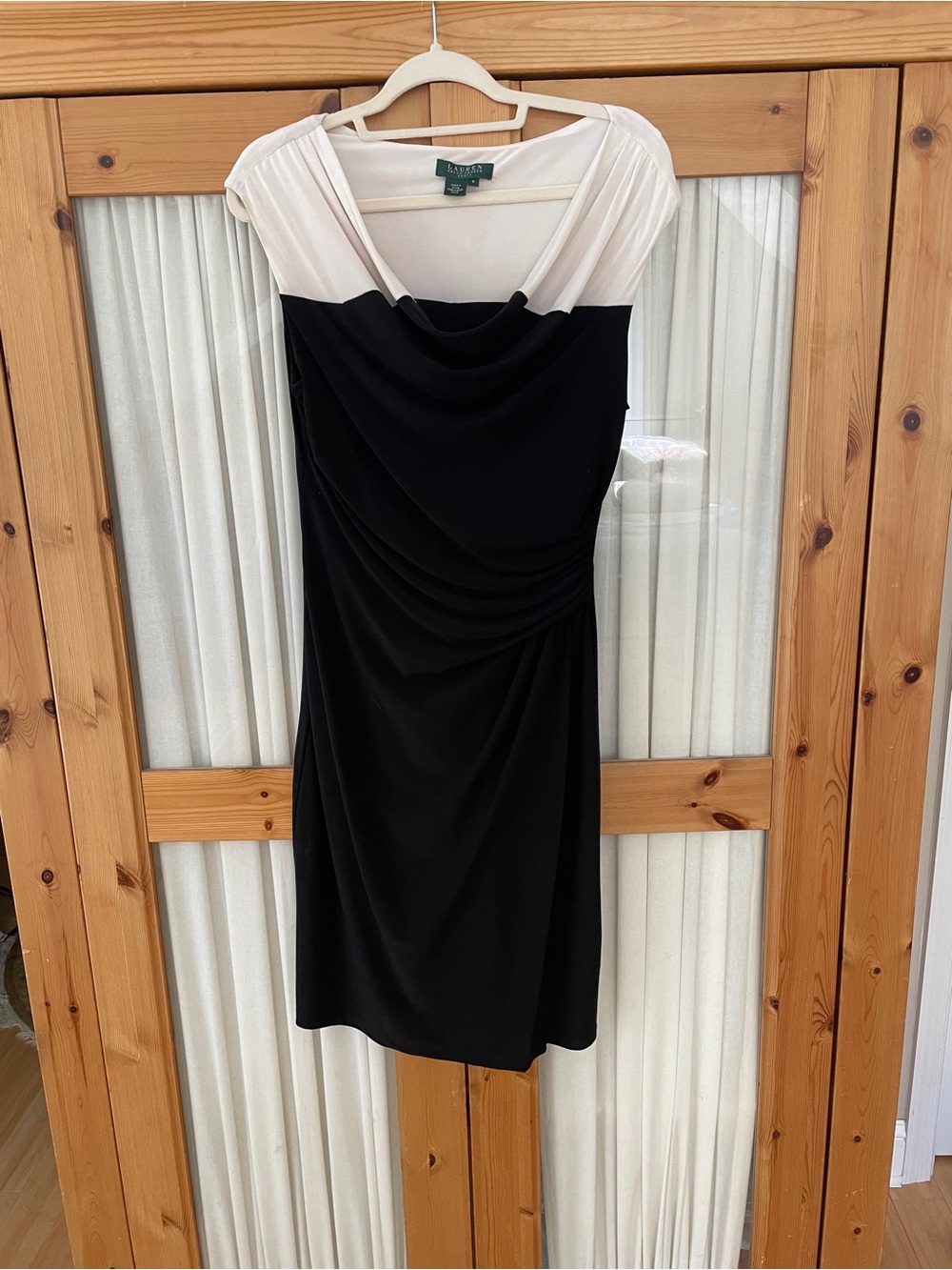 Lauren Ralph Lauren Black and White Draped Cap-Sleeve Midi Dress